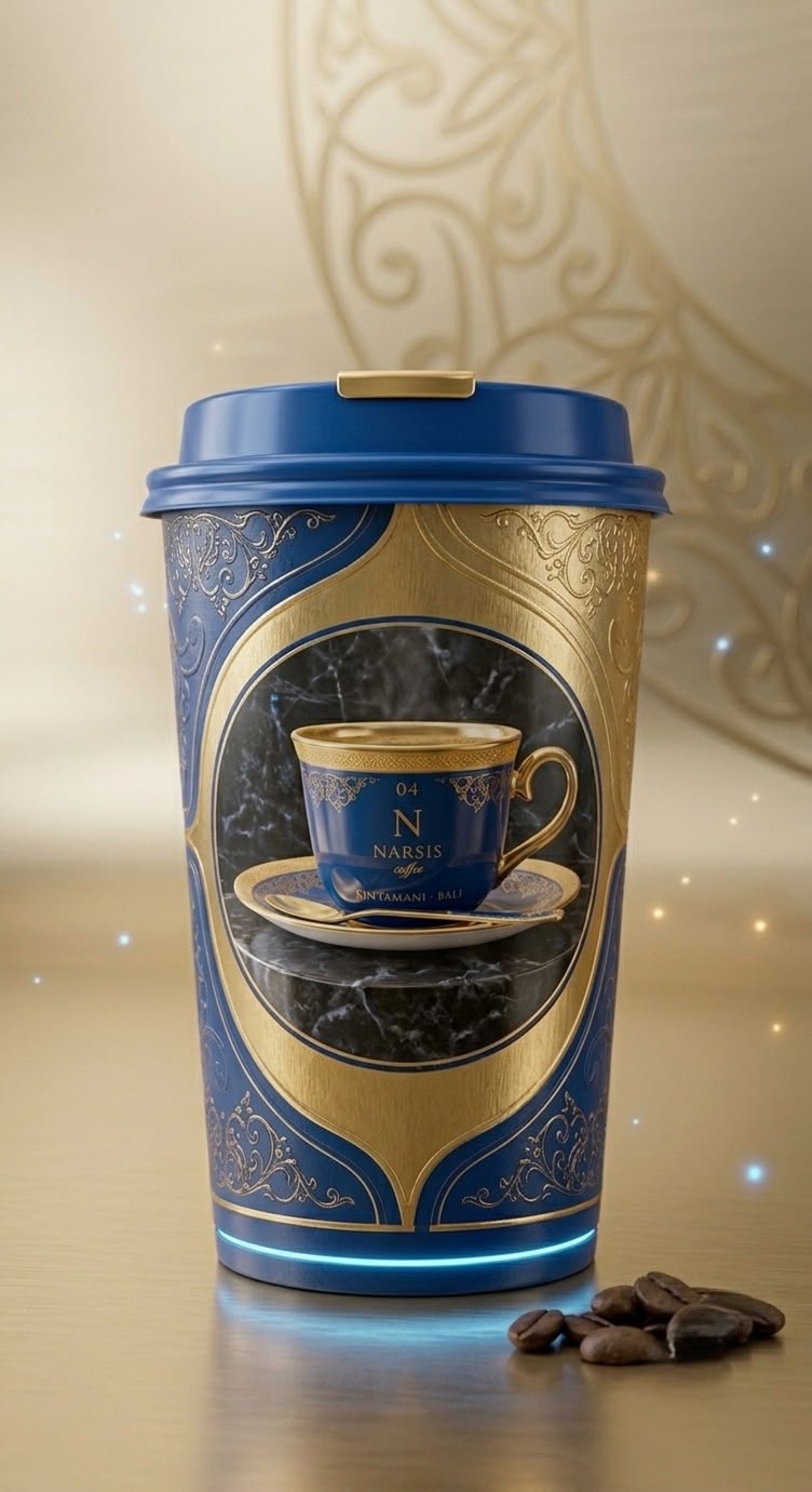 Narsis Coffee travel cup — classic blue and gold