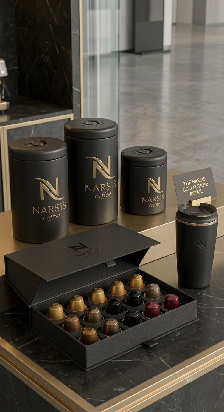 Narsis Coffee retail wall with tins, capsules and travel cup