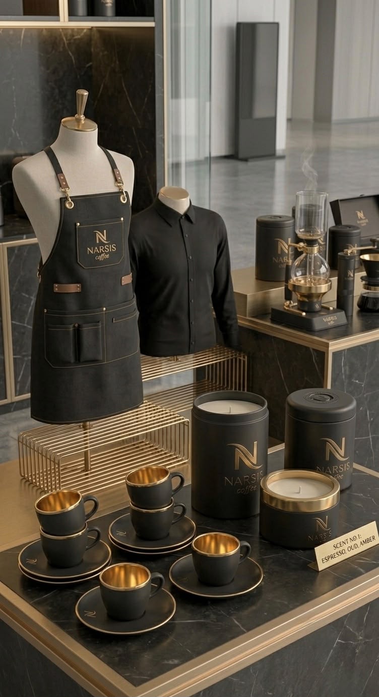 Narsis Coffee staff uniform, cups and signature candle